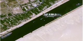 A satellite image of the Taiwan-owned MV 'Ever Given' (Evergreen) 