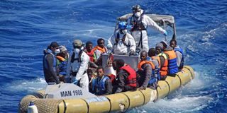 A rescue operation of migrants and refugees at sea