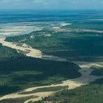Aerial view of the river and wetlands in Selous Game Reserve