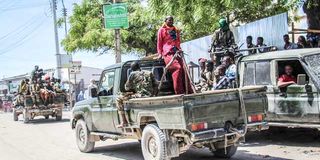 The Somali army in a street in Mogadishu, Somalia.