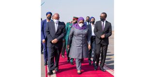 Tanzania's President Samia Suluhu Hassan arrives in Rwanda.