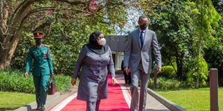 Tanzania's President Samia Suluhu Hassan with Rwanda's President Paul Kagame.