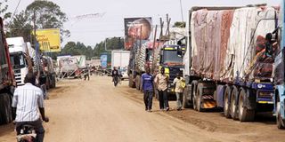 Goods trucks await clearance at the Uganda-Tanzania border