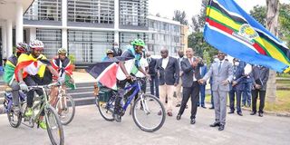 EAC Secretary General Peter Mathuki launches the 2021 bicycle tour at EAC Secretariat in Arusha, Tanzania.