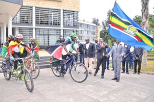 EAC Secretary General Peter Mathuki launches the 2021 bicycle tour at EAC Secretariat in Arusha, Tanzania.