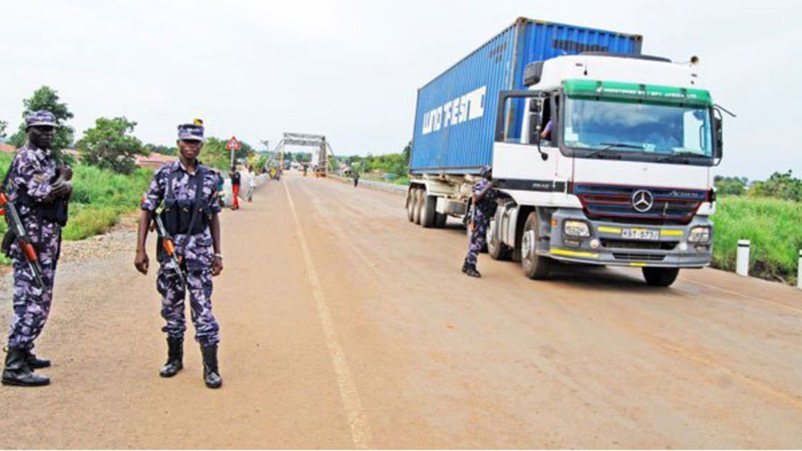 Uganda police officers man the Elegu Border point in northern Uganda.