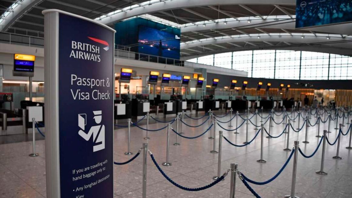 Unused check-in desks at Heathrow airport.