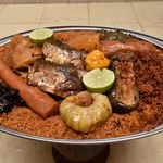 Ceebu jën, also known as thiébou dieune, a traditional dish made of rice, fish and a variety of vegetables.