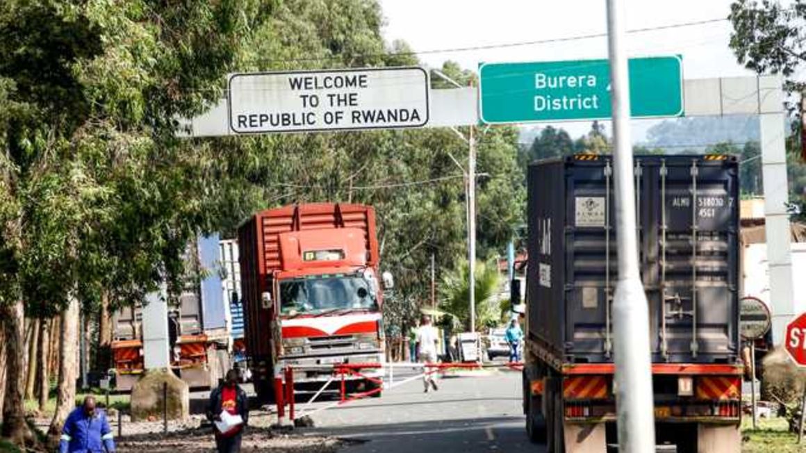 Trucks carrying goods at Uganda-Rwanda border post of Cyanika.