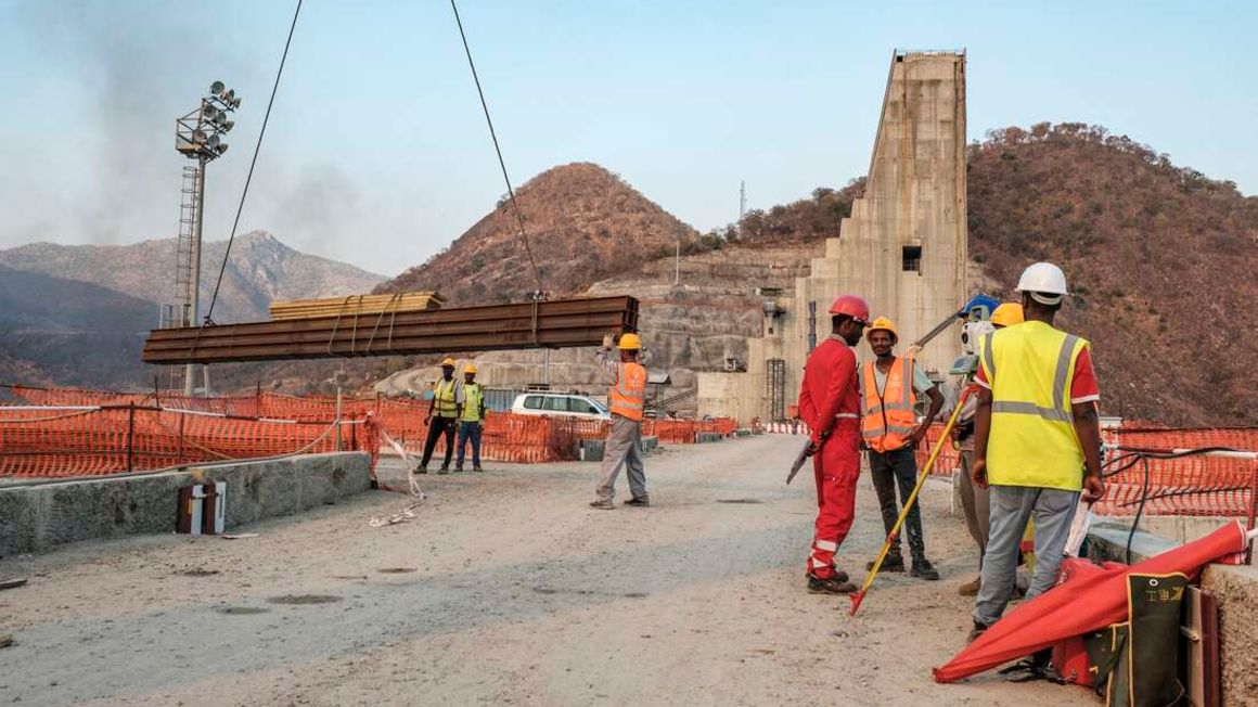 Construction works at the Grand Ethiopian Renaissance Dam near Guba in Ethiopia in December 2019.