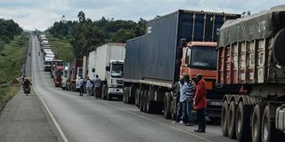 Trucks wait to enter Uganda at Malaba border in 2020.