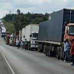 Trucks wait to enter Uganda at Malaba border in 2020.