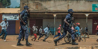 Uganda police disperse crowds in Kayunga town.