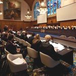 Magistrates take part in an audience of the International Court of Justice (ICJ) in The Hague. 