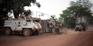 A Minusca armoured vehicle secures the Bambari hospital on March 16, 2019.