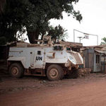 A Minusca armoured vehicle secures the Bambari hospital on March 16, 2019.