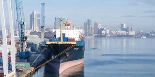 Container terminal and city landscape in port of Dar es Salaam in Tanzania.