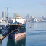 Container terminal and city landscape in port of Dar es Salaam in Tanzania.
