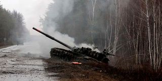 Smoke rises from a Russian tank in UKraine