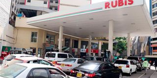 Motorists queue to fuel at Rubis Petrol Station on Koinange Street, Nairobi, on April 12, 2022.