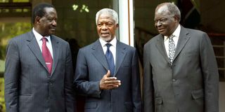 Raila Odinga, Koffi Anan and Mwai Kibaki.