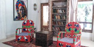 Beaded Yoruba seats and Patrick Kinuthia's art at Majlis Resort.