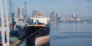 A vessel docks at the port of Dar es Salaam.