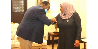 Chadema leader Freeman Mbowe and Tanzanian President Samia Suluhu Hassan.