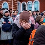 Families flee fighting in Ukraine.