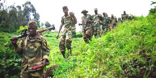 M23 rebels withdraw through the hills from Karuba in eastern Democratic Republic of Congo on November 30, 2012. 