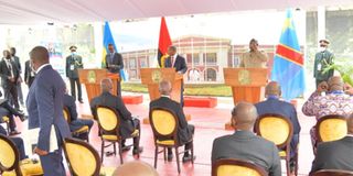 Presidents Paul Kagame (Rwanda), João Lourenço (ANgola) and Felix Tshisekedi (DR Congo).