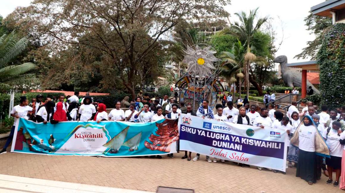 Kiswahili enthusiasts during a march to promote Kiswahili language.