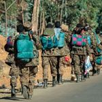 Ethiopian National Defense Force soldiers walk along a road on December 6, 2021.