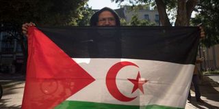 A man poses with a Western Saharan flag.