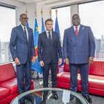 Presidents Paul Kagame, Emmanuel Macron and Félix Tshisekedi.