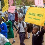 Ugandan students demonstrate against EU resolution on Eacop.