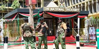 Police officers on guard at Kenya's National Treasury