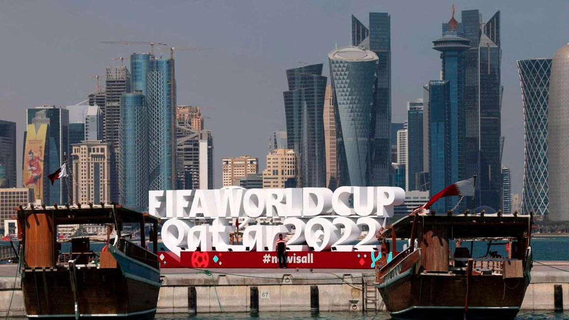 A FIFA World Cup sign in Doha, Qatar