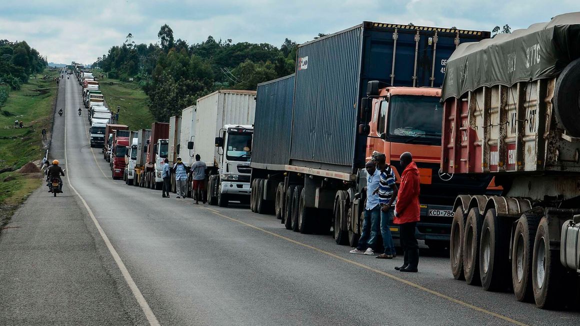 Trucks wait for clearance in Malaba, on the Kenya-Uganda border.