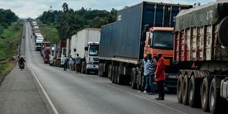 Trucks wait for clearance in Malaba, on the Kenya-Uganda border.