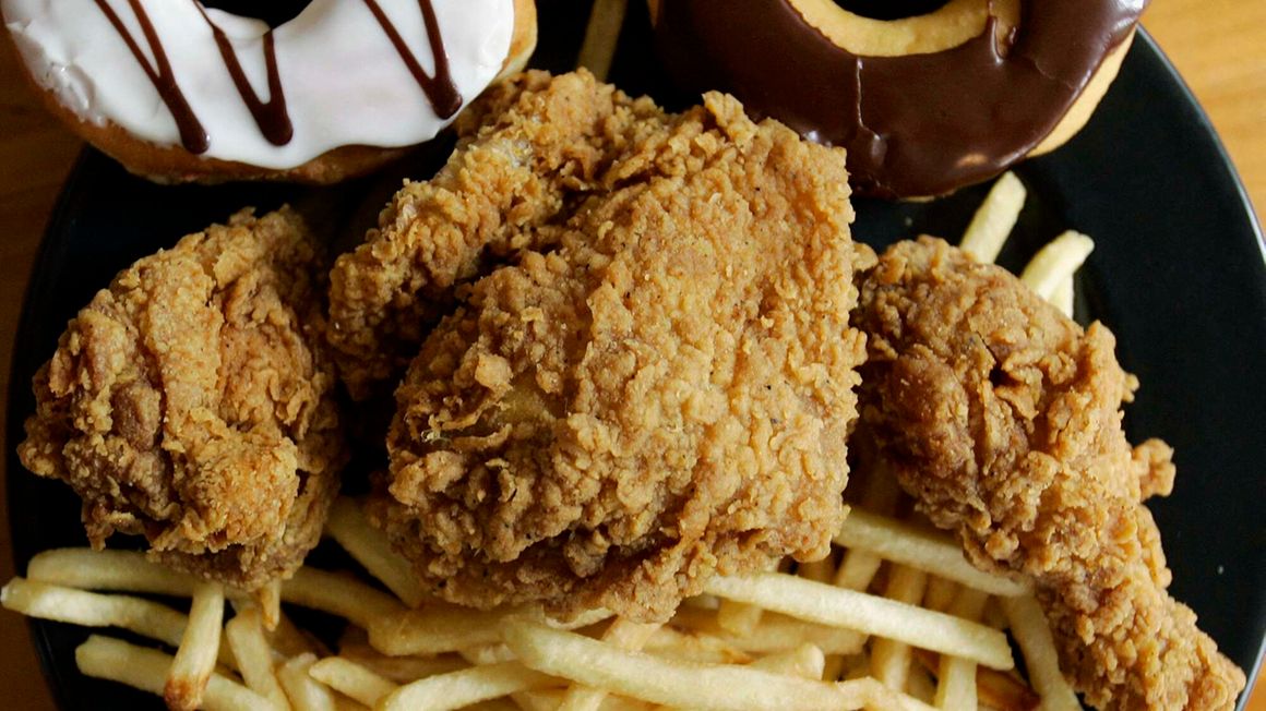 Doughnuts, French fries and fried chicken