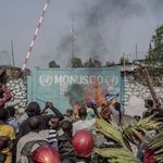 Demonstrators outside a Monusco gate in DR Congo