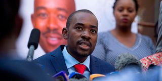 Chamisa addressing a press conference