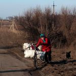 An elderly woman pushes her bicycle in Ukraine’s Kharkiv