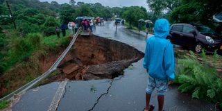 A road destroyed by floods