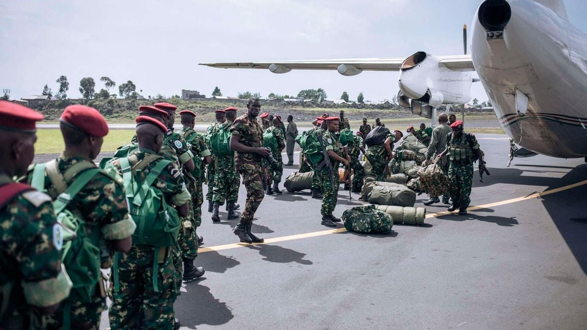 Burundian military personnel arrive at Goma airport