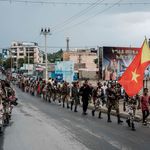 Soldiers of Tigray Defence Force walk in lines in Mekele