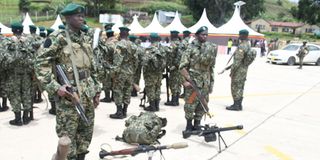 Ugandan soldiers gather at Bunagana borde