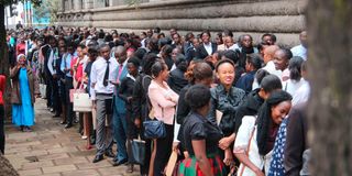 Job seekers queuing for interviews in Nairobi.