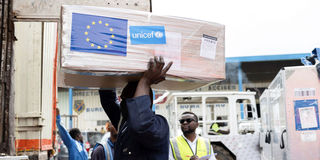 Baggage handlers offload humanitarian aid in Goma